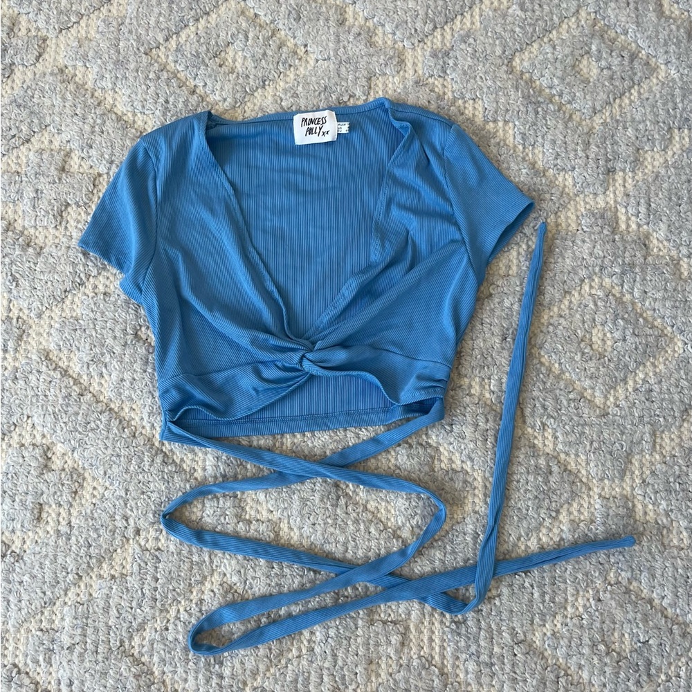 Princess Polly blue cropped wrap top